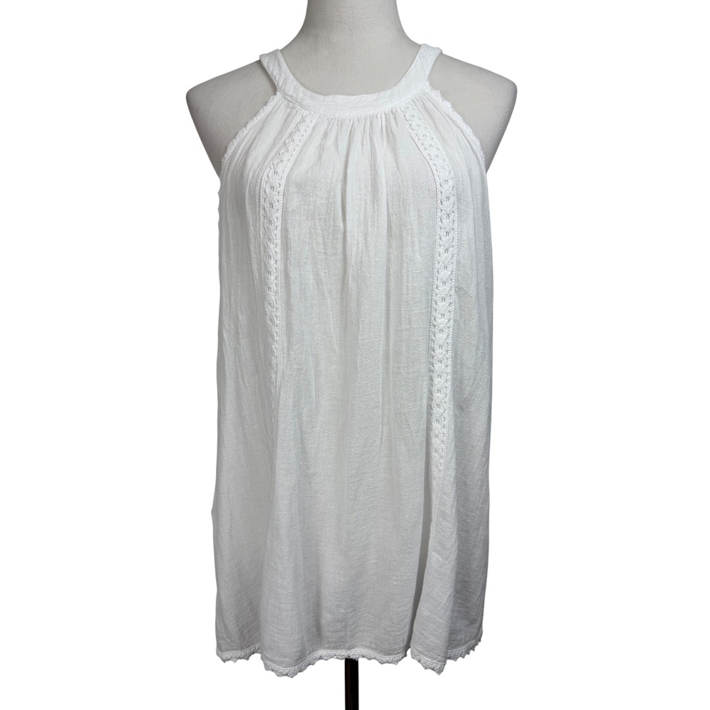 Blanco By Nature White Halter Top Cotton Gauze  Crochet Lace Trim XXL  Feminine